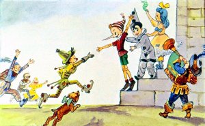 Все куклы — и Арлекин, и девочки в черных масках, и колдуны в остроконечных шапках со звездами, и горбуны с носами как огурец, и арапы, и собачки, — все, все, все куклы удрали от Карабаса Барабаса. Иллюстрация Л. Владимирского к сказке «Золотой ключик или приключения Буратино»