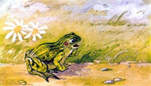 Не успел Пьеро прочитать, не успела Мальвина похвалить стишки, которые ей очень понравились, как на песчаной дорожке появилась жаба. Иллюстрация Л. Владимирского к сказке «Золотой ключик или приключения Буратино»