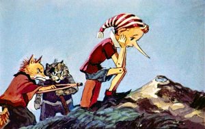 Лиса Алиса думала, что Буратино уйдет спать, а он все сидел на мусорной куче, терпеливо вытянув нос. Иллюстрация Л. Владимирского к сказке «Золотой ключик или приключения Буратино»