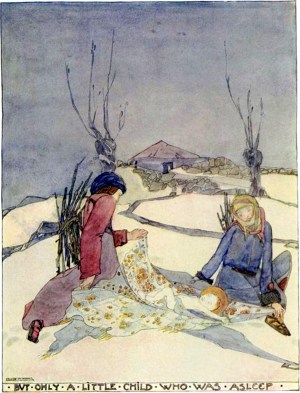 Там не было ни золота, ни серебра, ни драгоценных камней. В плаще лежал крохотный ребенок, который спокойно спал. Иллюстрация к сказке Оскара Уайльда «Звездный Мальчик». Художник Джесси М. Кинг, 1915 г.